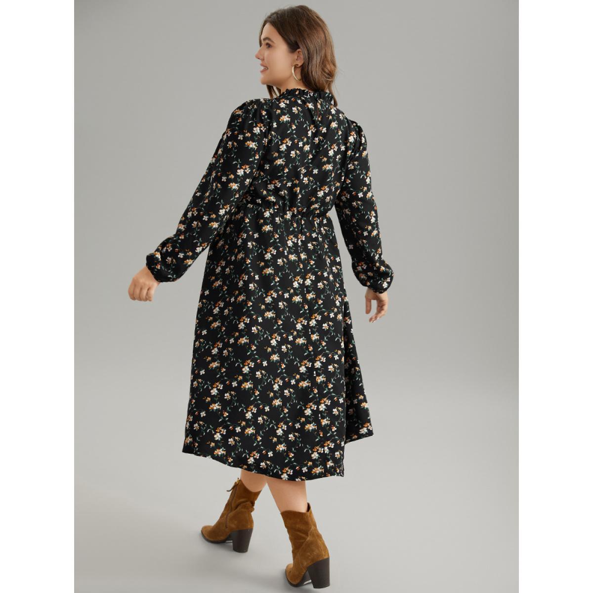 Plus Size Ditsy Floral Frill Trim Shirred Dress Black Women Elegant Elastic cuffs Mock Neck Long Sleeve Curvy Midi Dress BloomChic 26/4X Product Image