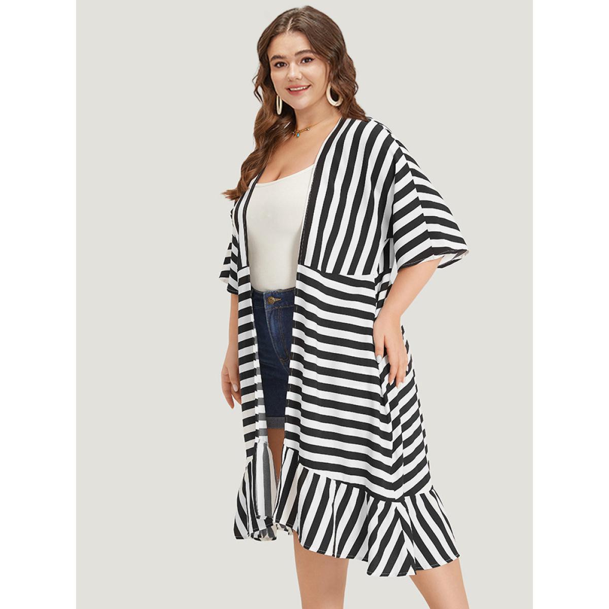 Plus Size Striped Ruffle Hem Pocket Open Front Kimono Women Black Elegant Ruffles Pocket Dailywear Kimonos BloomChic 14-16/1X Product Image