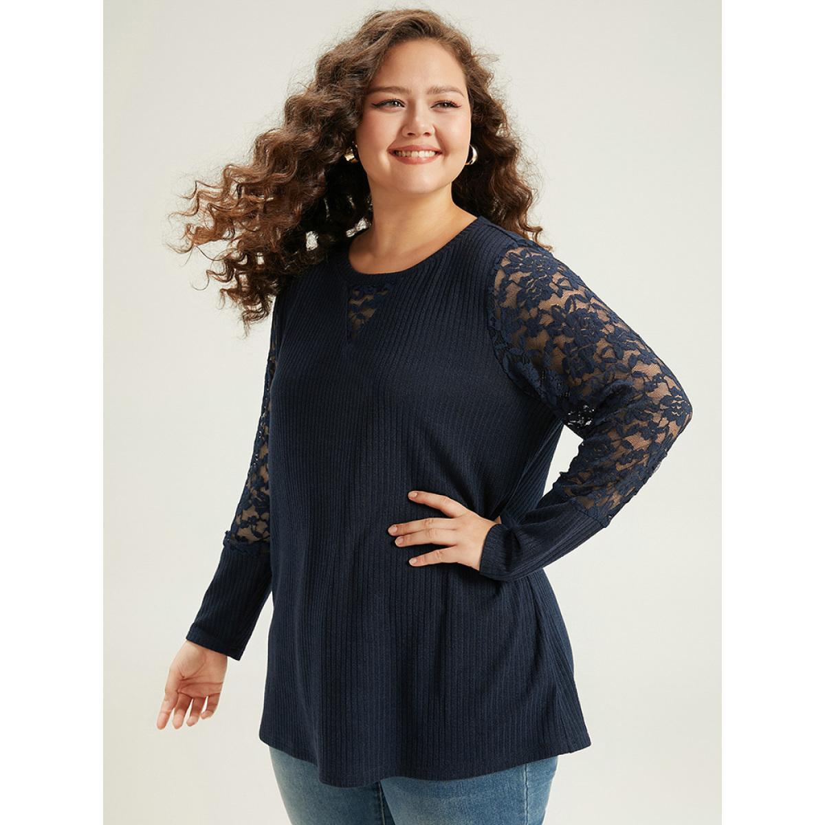 Plus Size Crochet Lace Mesh Crew Neck Sweatshirt Indigo Women Elegant Plain Plain Round Neck Dailywear T-shirts BloomChic 26/4X Product Image