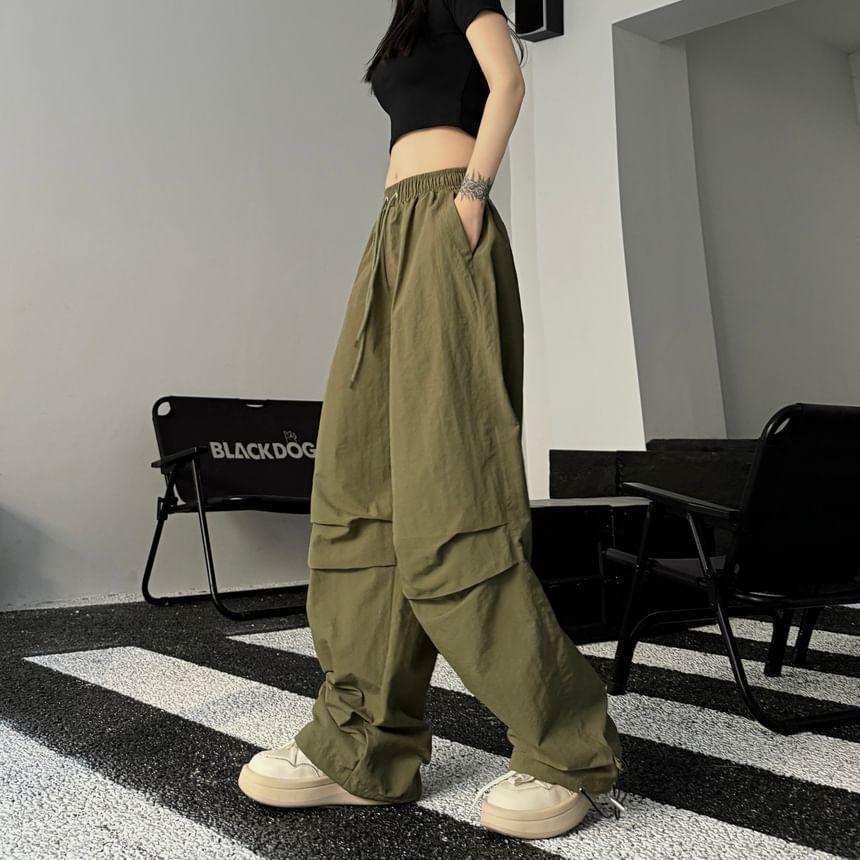 Mid Rise Plain Drawstring Shirred Wide Leg Pants Product Image