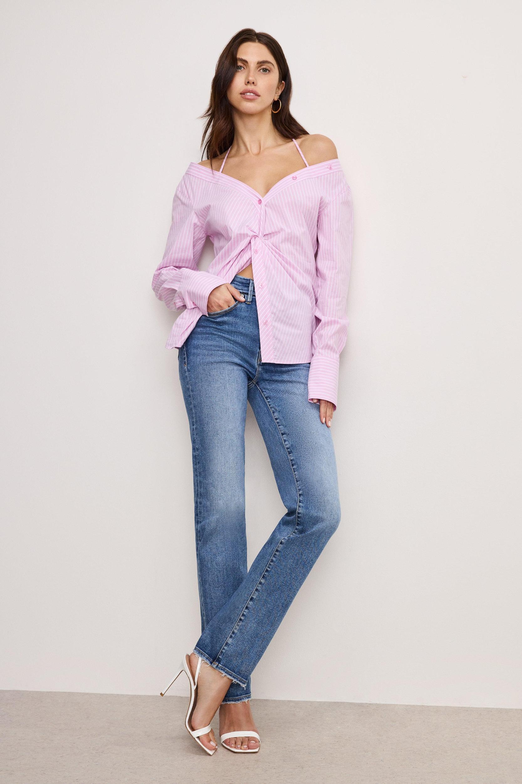POPLIN OFF SHOULDER TOP | PINK FLORA STRIPE001 Product Image
