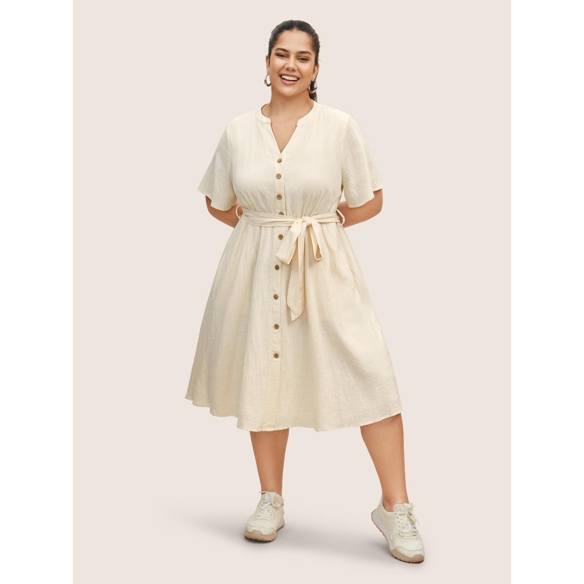Plus Size Notched Collar Plain Button Detail Belted Dress Ivory Women Casual Belted Notched collar Half Sleeve Curvy BloomChic 10/M Product Image
