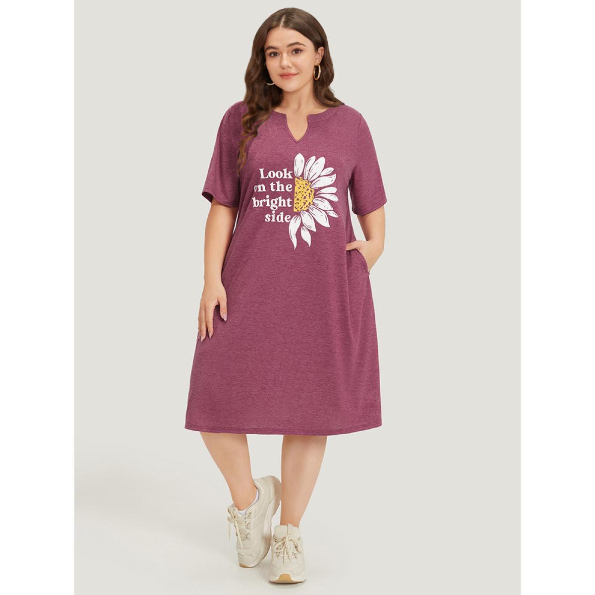 Plus Size Supersoft Essentials Slogan & Sunflower Print Notched Pocket Dress RedViolet Women Casual Plain Curvy Midi Dress BloomChic 26/4X Product Image