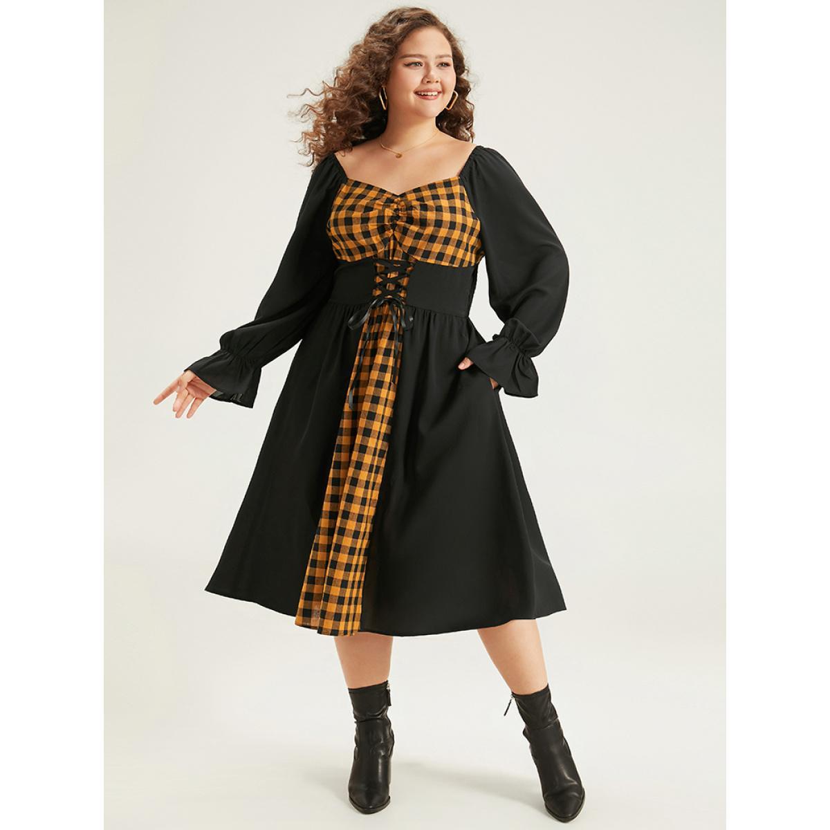 Plus Size Halloween Gingham Patchwork Ruched Ties Dress Black Women Casual Cross straps Square Neck Long Sleeve Curvy Midi Dress BloomChic 14-16/1X Product Image