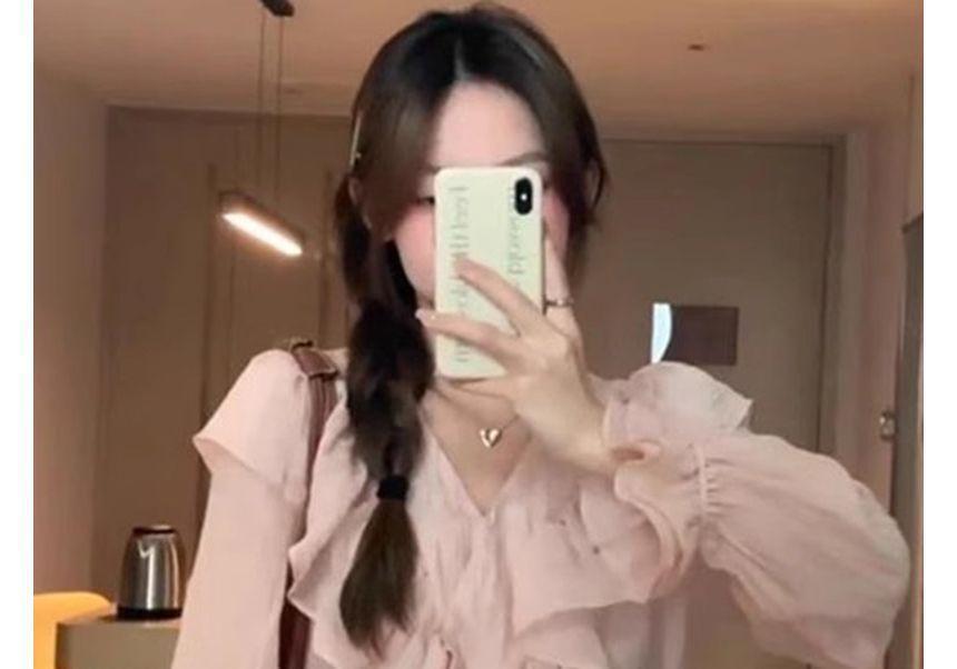 Long-Sleeve V-Neck Ruffle Plain Crop Blouse Product Image