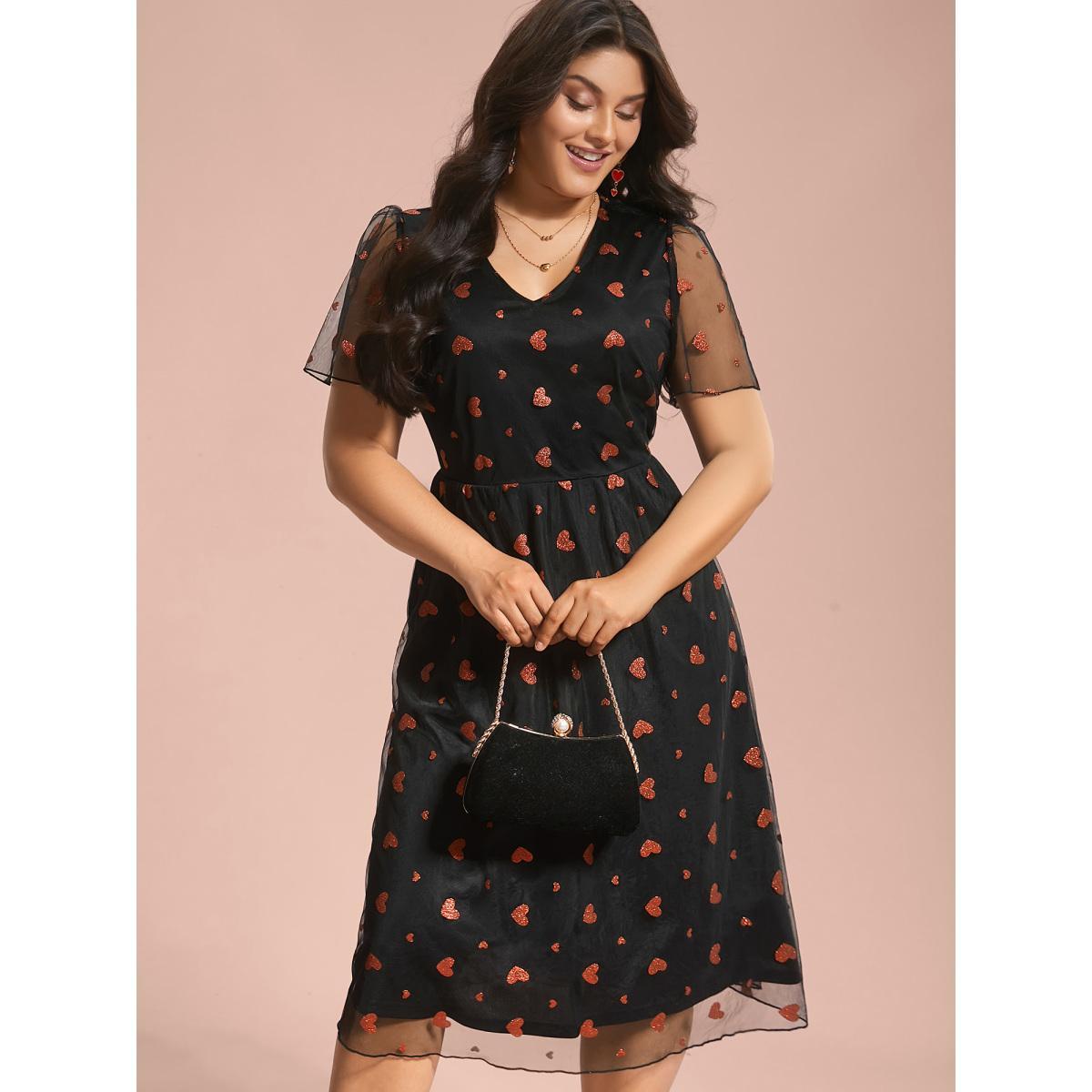 Plus Size V-Neck Flutter Sleeve Heart Pattern Midi Dress Black Women Cocktail Texture Party Curvy Bloomchic 14-16/1X Product Image