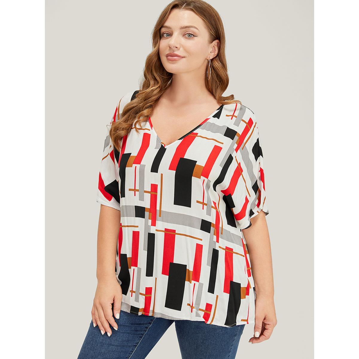Plus Size Multicolor Geometric Contrast Dolman Sleeve Blouse Women Casual Short sleeve V-neck Dailywear Blouses BloomChic 30/6X Product Image