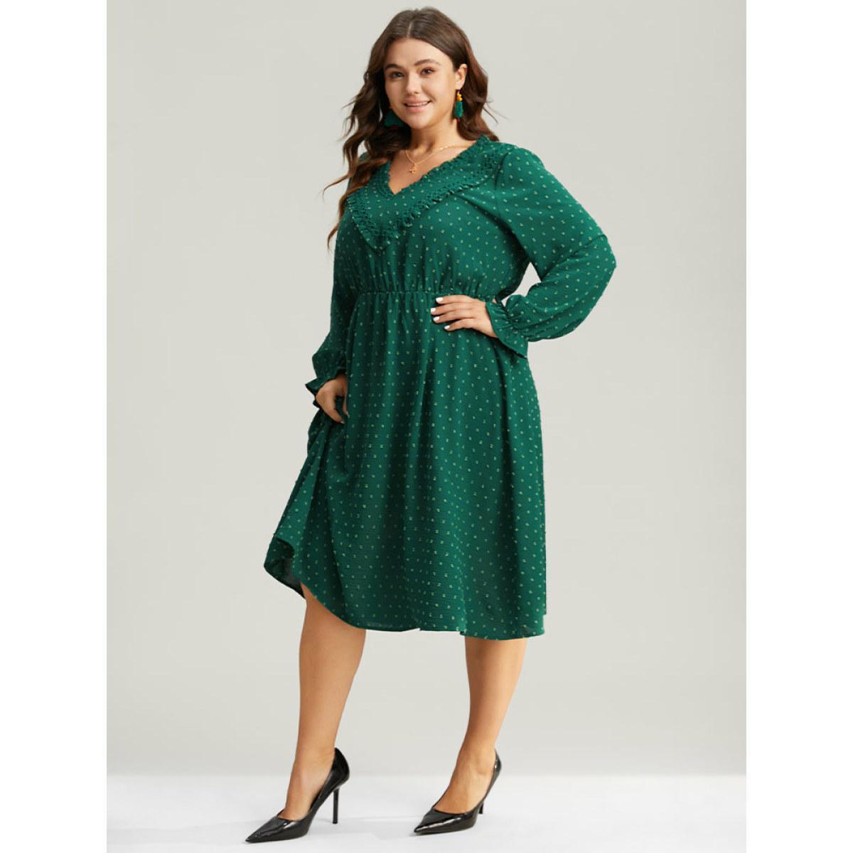 Plus Size Solid Textured V Neck Lantern Sleeve Frill Trim Dress DarkGreen Women Office Texture V-neck Long Sleeve Curvy Midi Dress BloomChic 28/5X Product Image