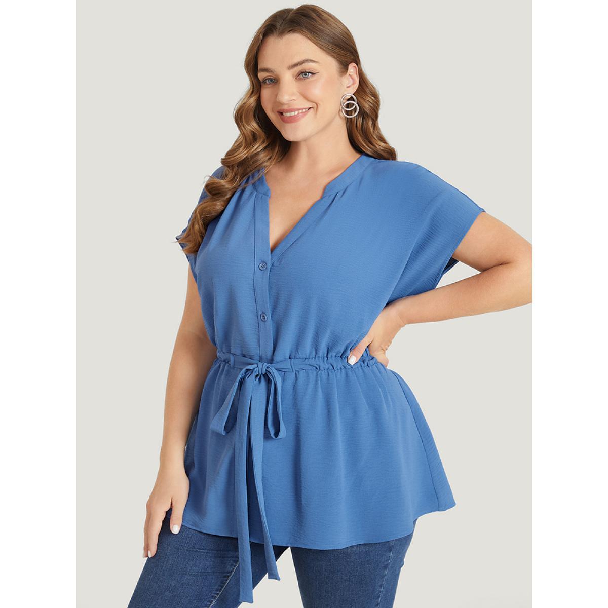 Plus Size DarkBlue Solid Drawstring Notched Batwing Sleeve Button Up Blouse Women Office Short sleeve V-neck Work Blouses BloomChic 22-24/3X Product Image