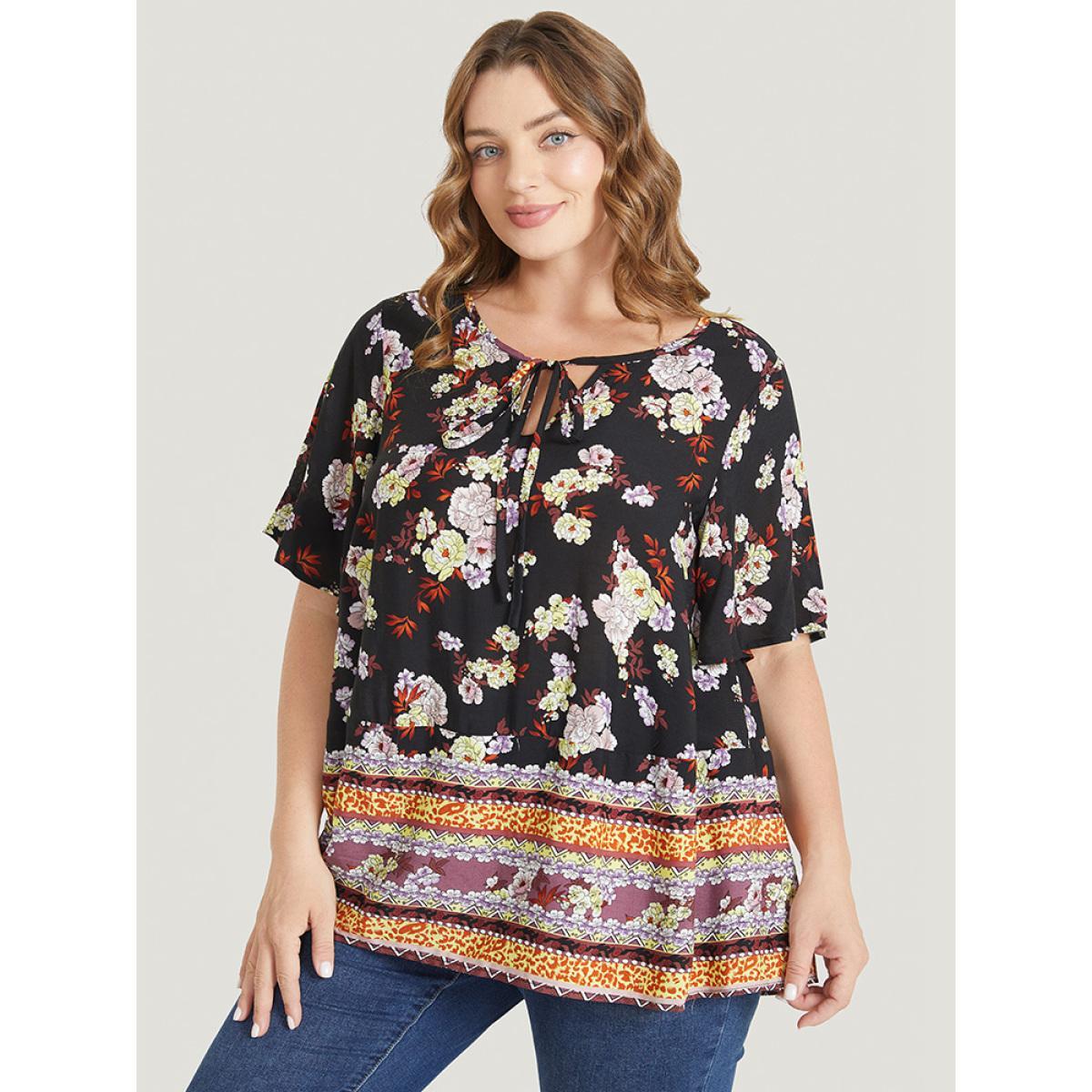 Plus Size BlackFlower Bandana Flutter Sleeve Tie Neck Cut Out Blouse Women Vacation Short sleeve V-neck Dailywear Blouses BloomChic 22-24/3X Product Image