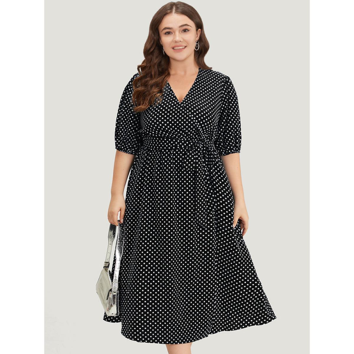 Plus Size Polka Dot Belted Lantern Sleeve Surplice Neck Dress Black Women Office Elastic cuffs V-neck Short sleeve Curvy Midi Dress BloomChic 28/5X Product Image