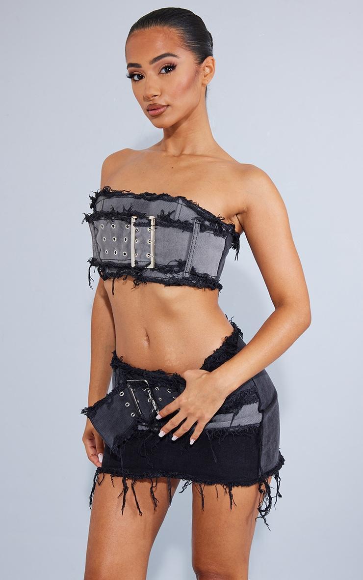 Petite Washed Black Distressed Panel Belted Denim Mini Skirt Product Image