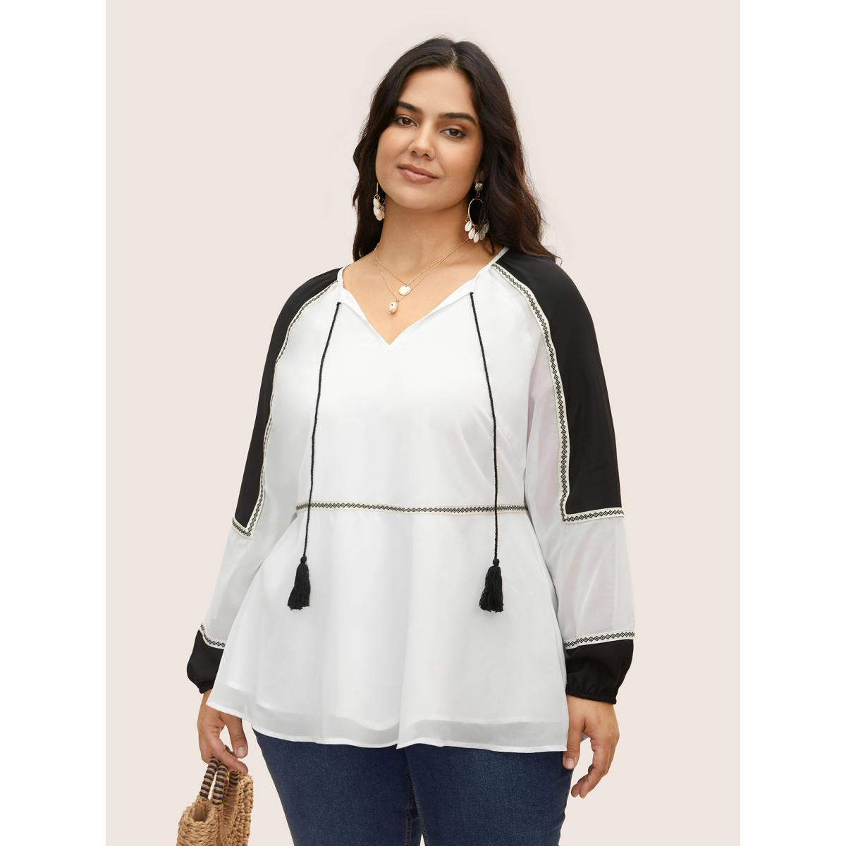 Plus Size Ivory Bandana Contrast Webbing Tassel Tie Knot Blouse Women Resort Long Sleeve V-neck Vacation Blouses BloomChic 10/M Product Image
