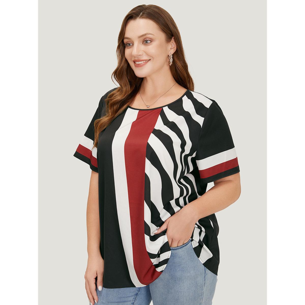 Plus Size Multicolor Striped & Geometric Print Crew Neck Blouse Women Elegant Short sleeve Round Neck Dailywear Blouses BloomChic 10/M Product Image