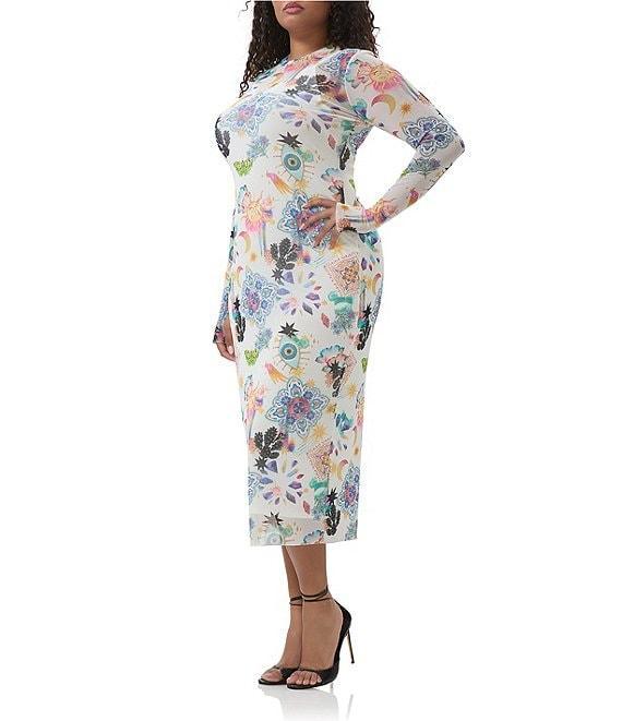 AFRM Plus Size Ashland Printed Mesh Crew Neck Long Sleeve Sheath Midi Dress Product Image