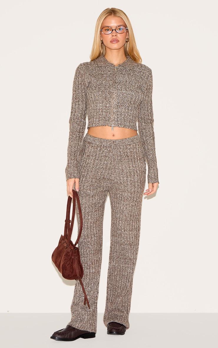 Chocolate Marl Knitted Dipped Hem Cropped Zip Up Top Product Image