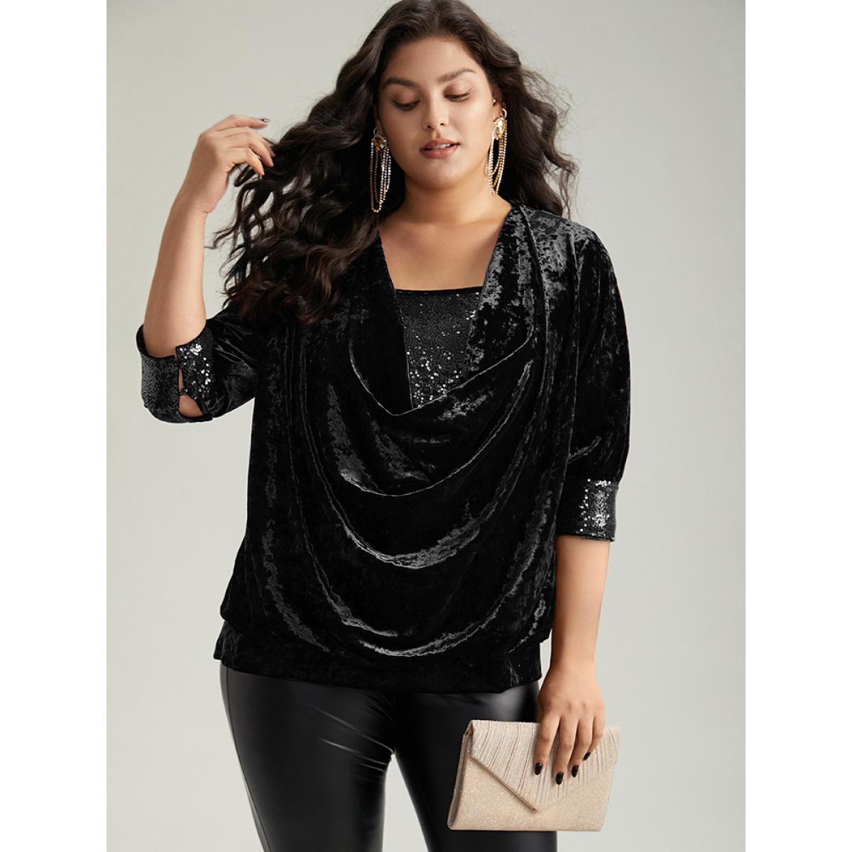 Plus Size Black Cowl Neck 2-In-1 Sequin Patchwork Blouse Women Cocktail Elbow-length sleeve Cowl Neck Party Blouses BloomChic 14-16/1X Product Image