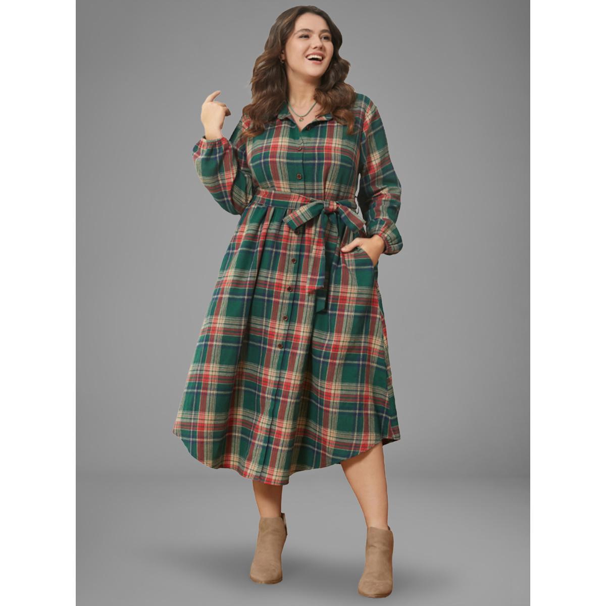 Plaid Plus Size Women Dailywear Midi Dress Pocket Slightly Stretchy Lantern Sleeve Long Sleeve Shirt Collar Pocket Belt Elegance Dresses BloomChic Product Image