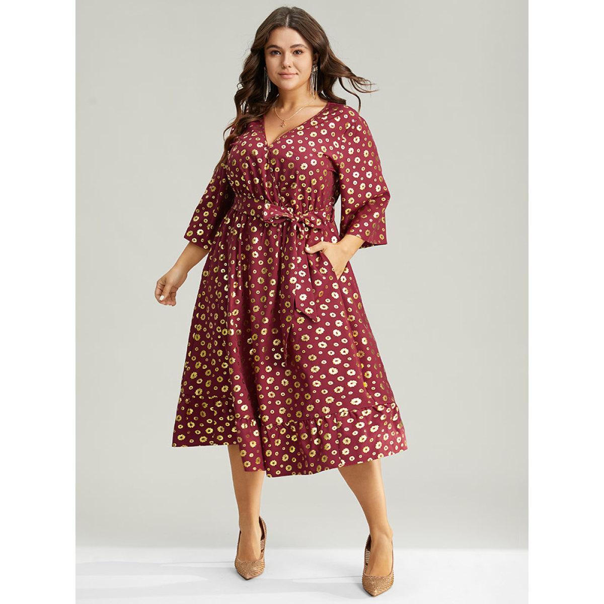 Plus Size Colorblock Glitter Bowknot Belted Pocket Dress Scarlet Women Party Wrap Overlap Collar Elbow-length sleeve Curvy Midi Dress BloomChic 22-24/3X Product Image