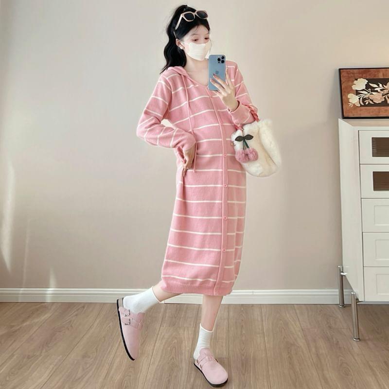 Maternity Long Sleeve V-Neck Hooded Striped Button Down Midi Sweater Dress Product Image