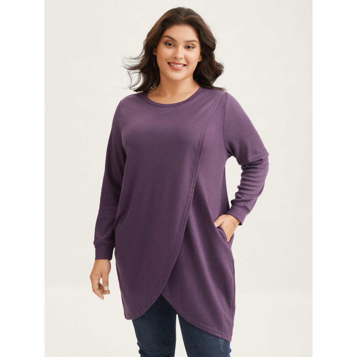 Plus Size Solid Waffle Knit Overlap Hem T-shirt Eggplant Women Casual Overlapping Round Neck Everyday T-shirts BloomChic 26/4X Product Image