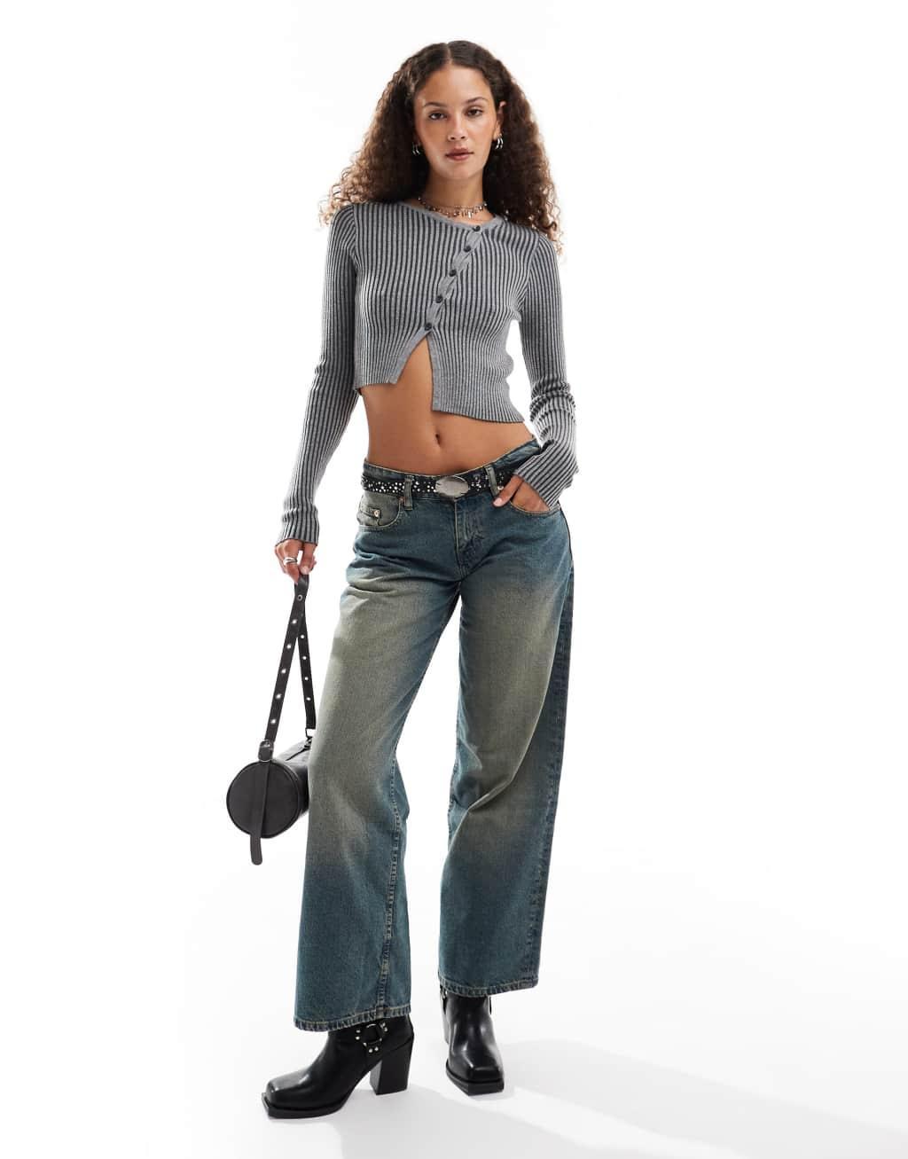 Emory Park ribbed asymmetric long sleeve top in charcoal Product Image