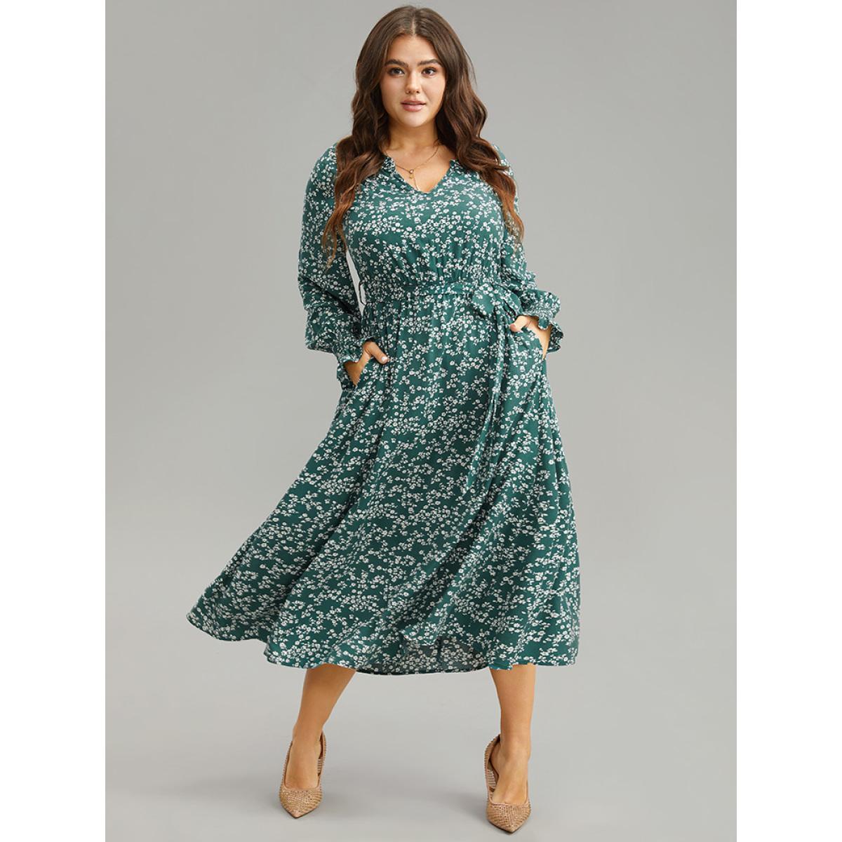 Plus Size Ditsy Floral Shirred Belted Notched Dress DarkGreen Women Elegant Belted Notched collar Long Sleeve Curvy Midi Dress BloomChic 14-16/1X Product Image