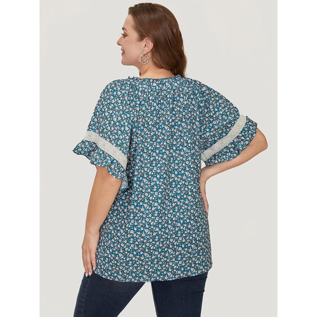 Plus Size Aegean Ditsy Floral Frill Trim Lace Ruffle Sleeve Tie Neck Blouse Women Elegant Short sleeve Tie Neck Dailywear Blouses BloomChic 14-16/1X Product Image