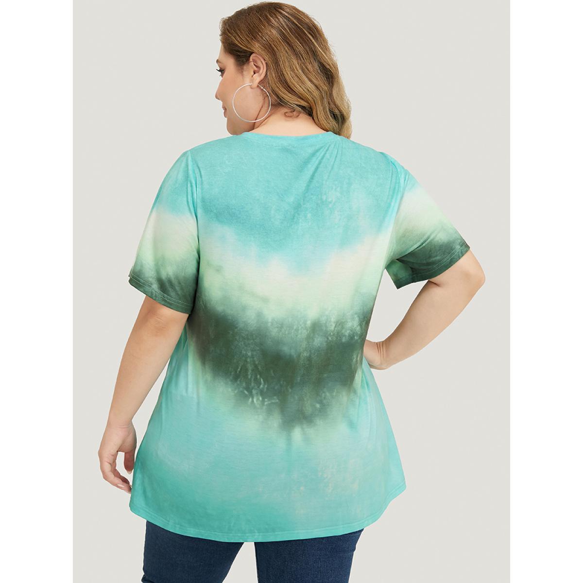 Plus Size Tie Dye Drop Shoulder Round Neck T-shirt Green Women Casual Ombre Round Neck Dailywear T-shirts BloomChic 22-24/3X Product Image