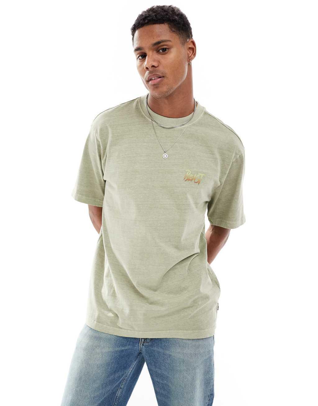 Only & Sons relaxed fit T-shirt with retro beast back print in washed khaki Product Image