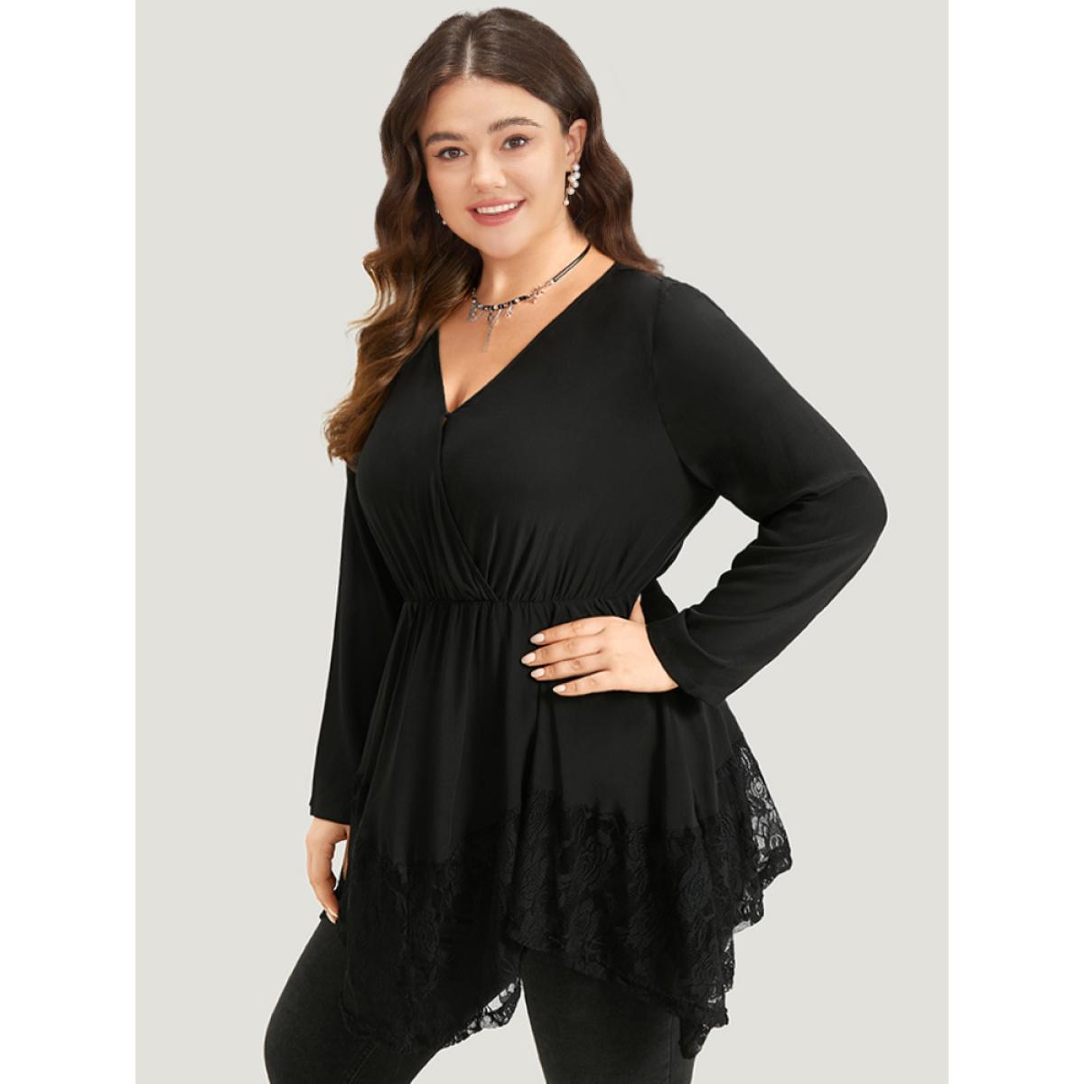 Plus Size Black Halloween Plain Lace Asymmetrical Hem Blouse Women Elegant Long Sleeve V-neck Dailywear Blouses BloomChic 26/4X Product Image