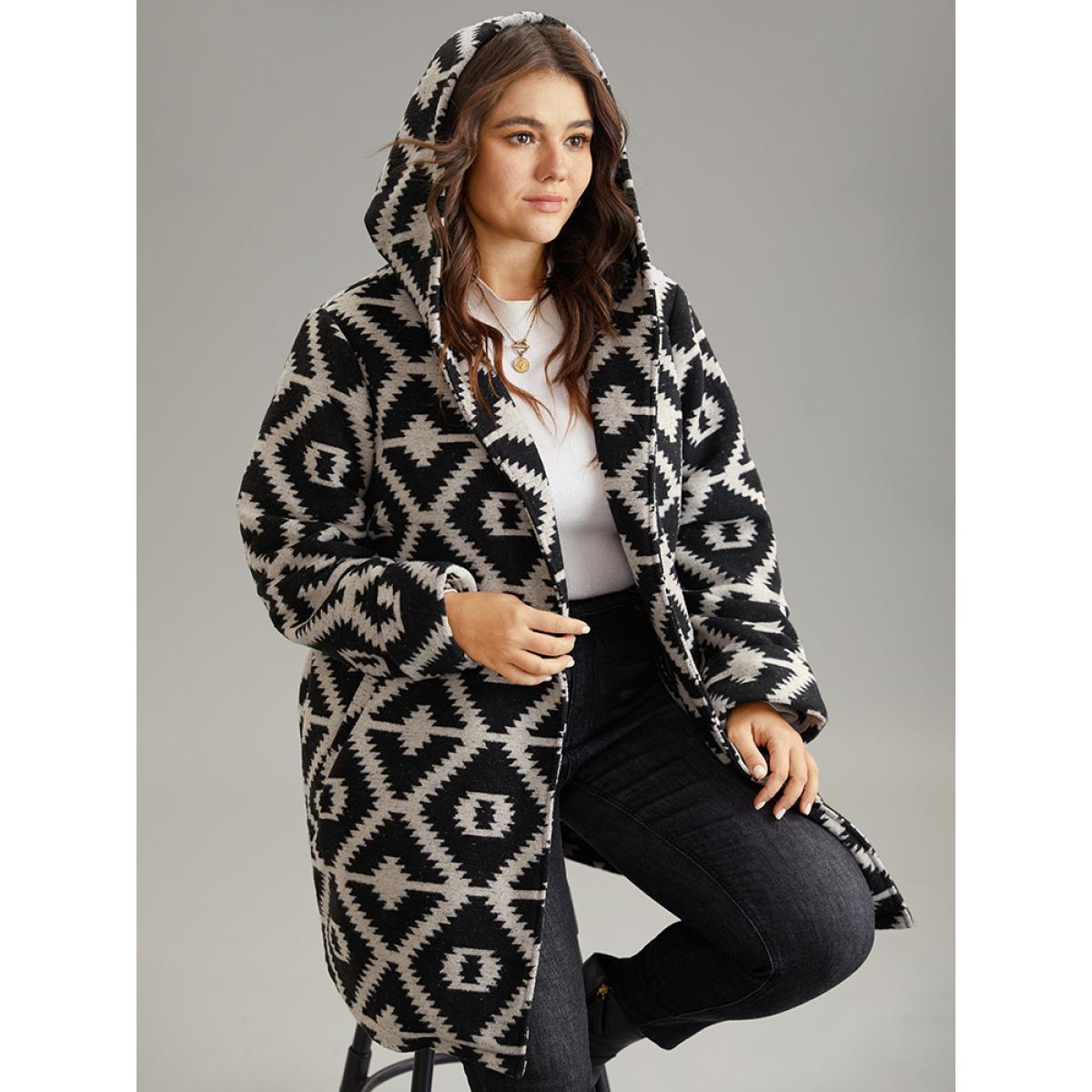 Plus Size Geometric Lapel Collar Pocket Belted Coat Women DarkGray Casual Belted Ladies Dailywear Winter Coats BloomChic 18-20/2X Product Image