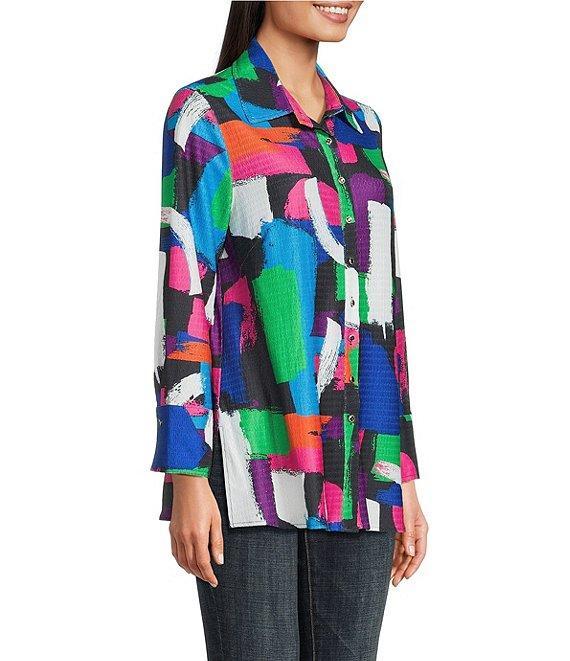 Calessa Petite Size Textured Knit Geometric Multicolor Point Collar Long Sleeve Button Front Tunic Product Image