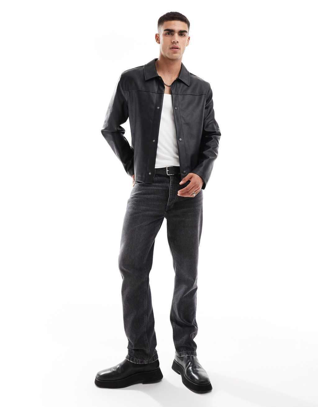 ASOS DESIGN faux leather harrington jacket in black Product Image