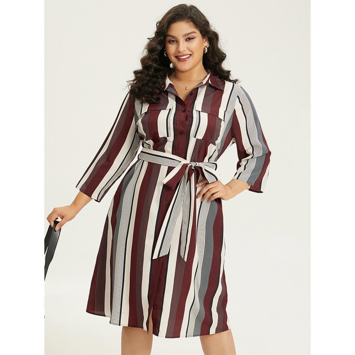 Plus Size Striped Contrast Pocket Button Through Belted Shirt Collar Dress Multicolor Women Work From Home Belted Shirt collar Elbow-length sleeve Curvy Midi Dress BloomChic 26/4X Product Image