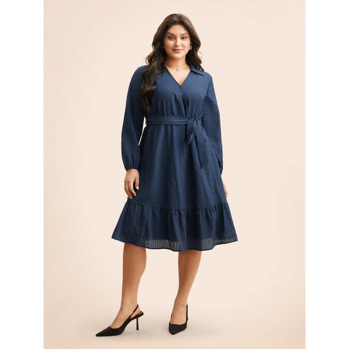 Plus Size Overlap Collar Plain Textured Midi Dress DarkBlue Women Elegant Texture Overlap Collar Long Sleeve Curvy BloomChic 12/L Product Image