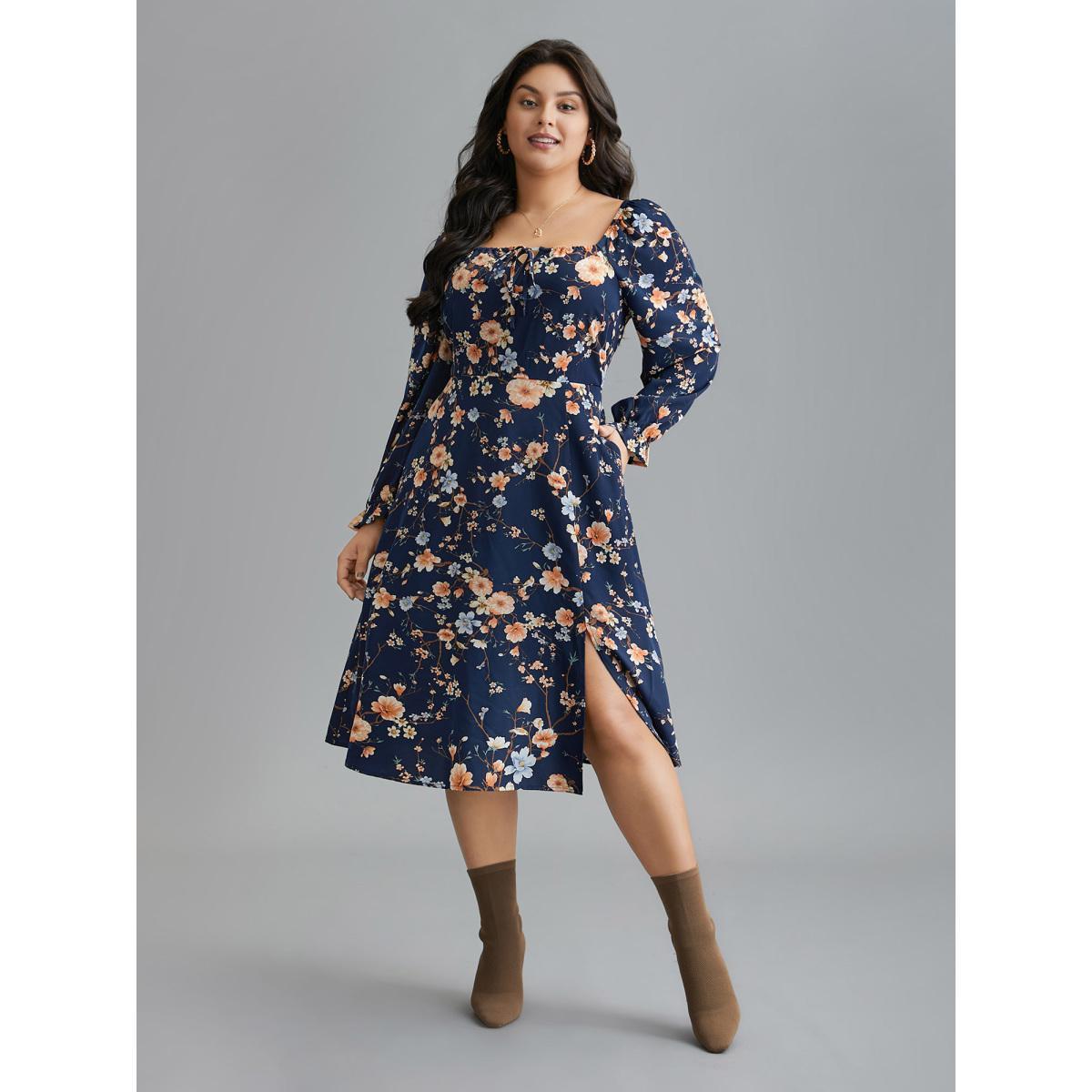 Plus Size Floral Knot Neck Split Hem Dress Indigo Women Elegant Tie knot Square Neck Long Sleeve Curvy BloomChic 26/4X Product Image