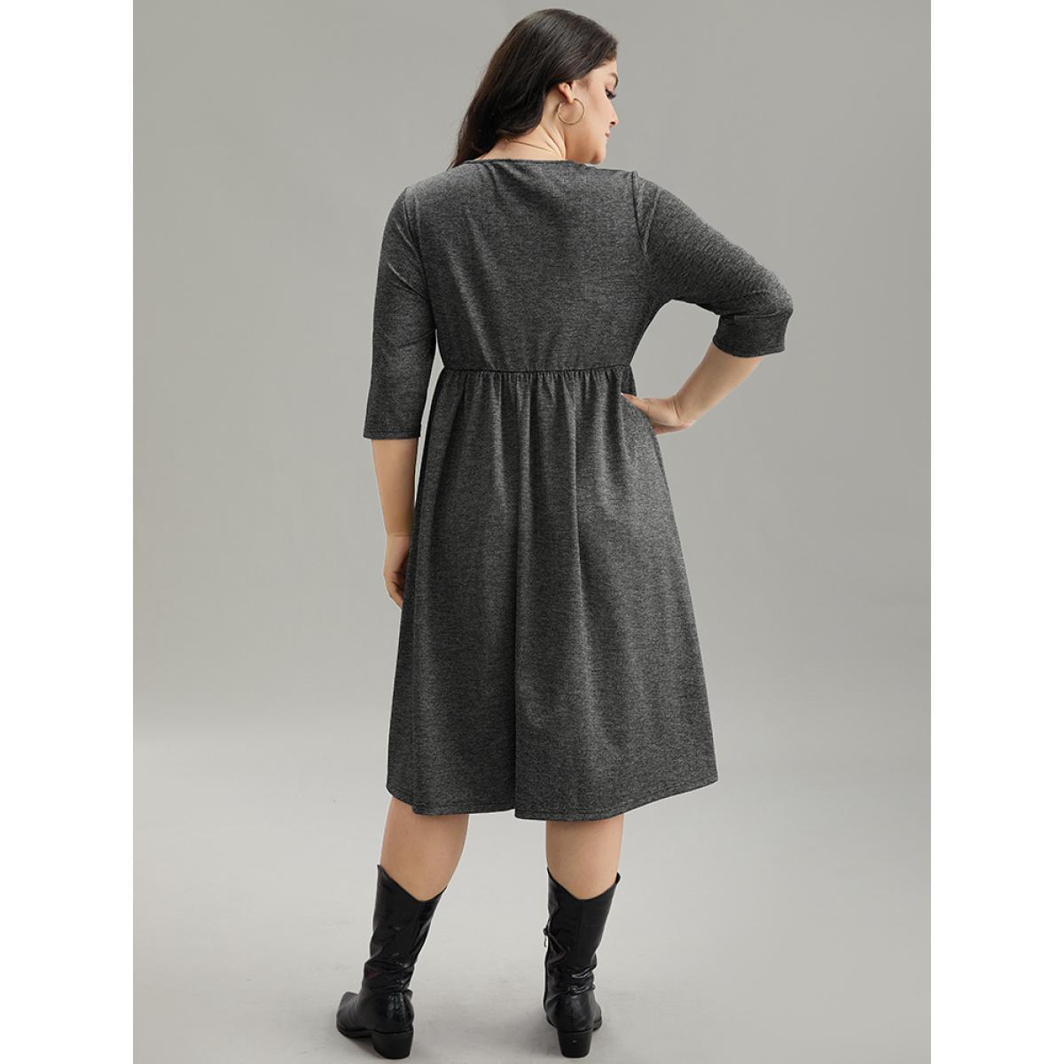 Plus Size Plain Textured Pocket Elastic Waist Gathered Dress DarkGray Women Casual Texture Round Neck Elbow-length sleeve Curvy Midi Dress BloomChic 30/6X Product Image