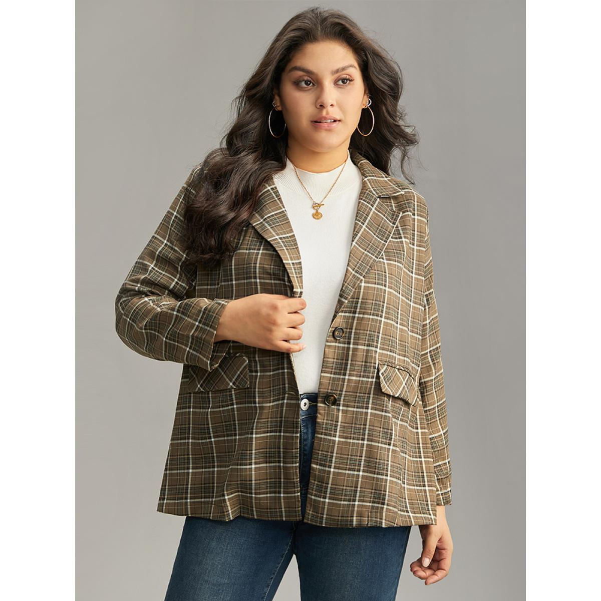 Plus Size Plaid Flap Pocket Button Through Blazer Bronze Women Work Plaid Contrast Sleeve Long Sleeve Lapel Collar 22-24/3X Pocket Office Blazers BloomChic Product Image