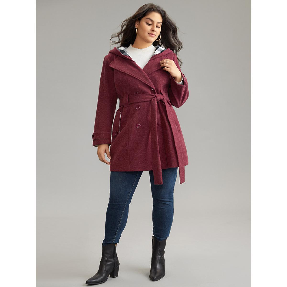 Plus Size Plaid Patchwork Double Breasted Belted Hooded Coat Women Burgundy Casual Lined Ladies Dailywear Winter Coats BloomChic 14-16/1X Product Image