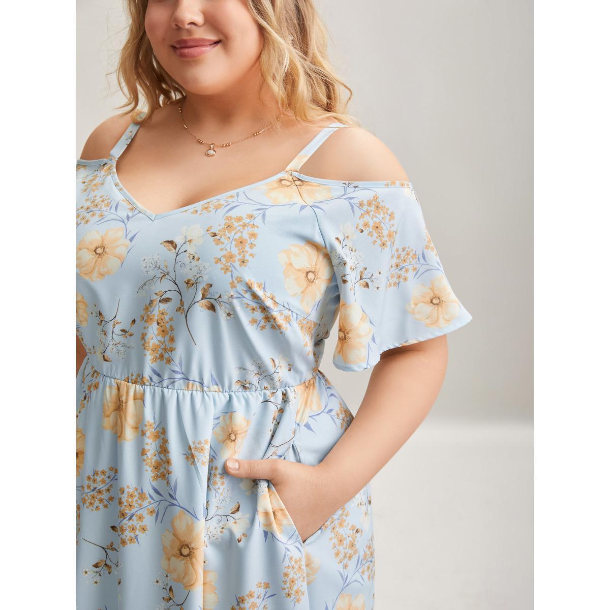 Plus Size Floral Print Cold-Shoulder Pockets Midi Dress LightBlue Women Elegant Non Heart neckline Short sleeve Curvy BloomChic 10/M Product Image