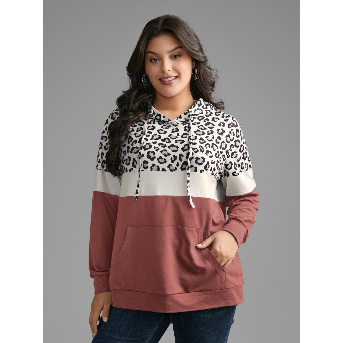 Plus Size Leopard Print Patchwork Contrast Drawstring Sweatshirt Women DustyPink Casual Contrast Hooded Everyday Sweatshirts BloomChic 30/6X Product Image