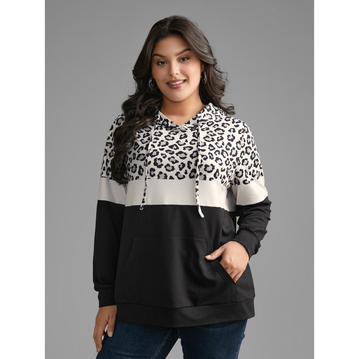 Plus Size Leopard Print Patchwork Contrast Drawstring Sweatshirt Women Black Casual Contrast Hooded Everyday Sweatshirts BloomChic 14-16/1X Product Image
