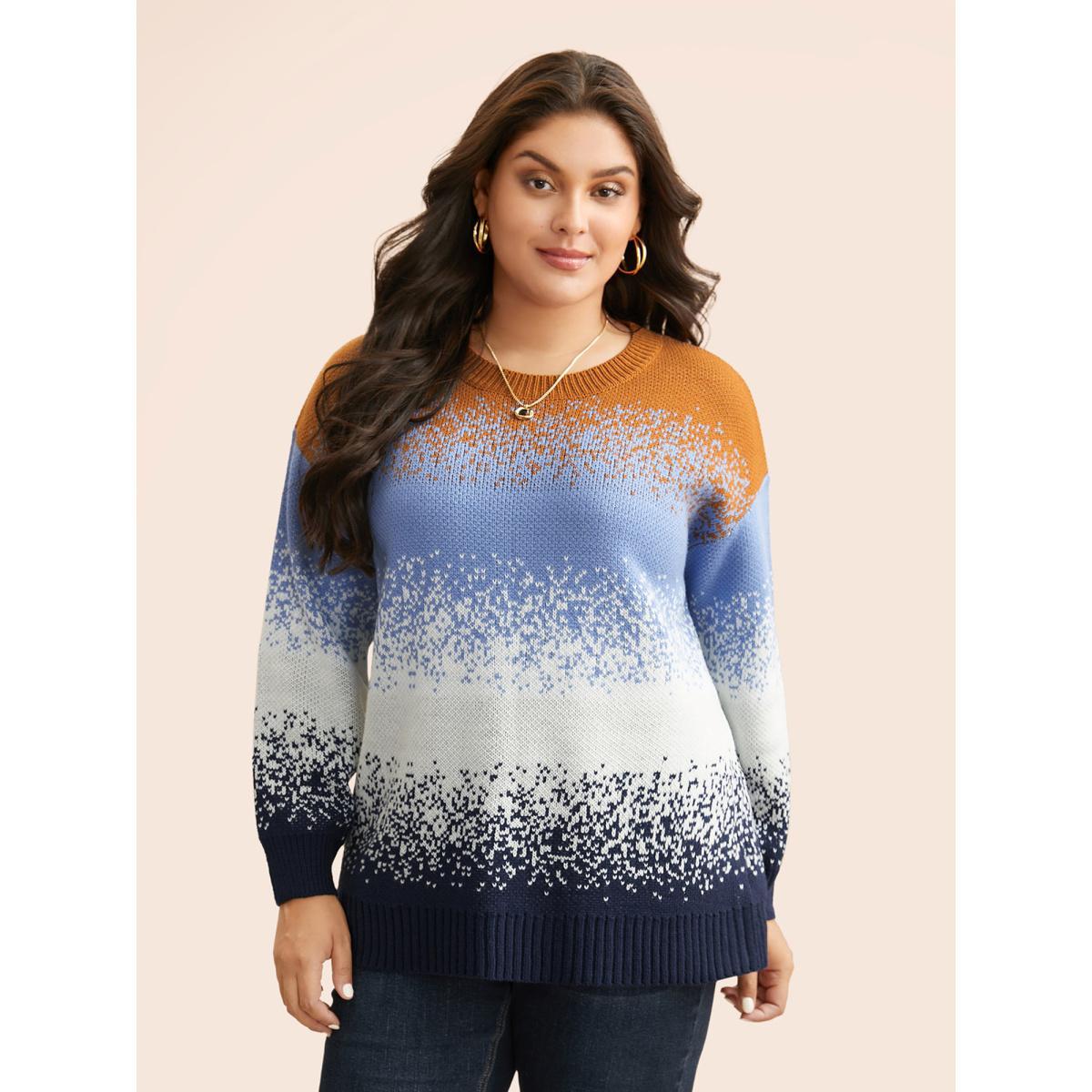 Plus Size Gradient Dyeing Contrast Drop Shoulder Pullover Indigo Women Casual Loose Long Sleeve Round Neck Everyday Pullovers BloomChic 14-16/1X Product Image