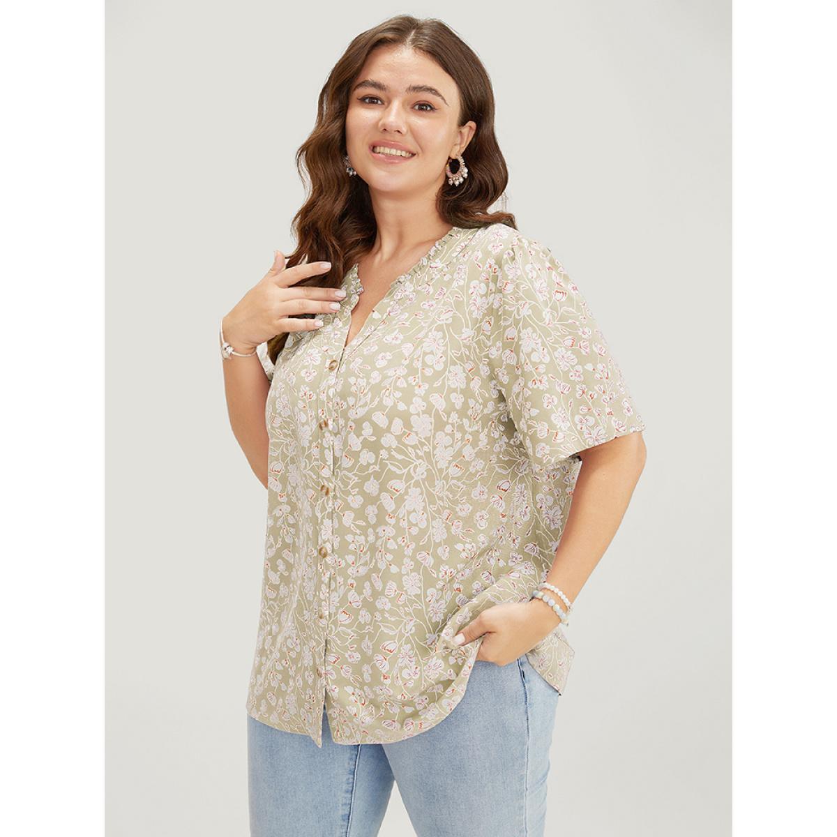 Plus Size Apricot Ditsy Floral Button Up Frill Trim Notched Blouse Women Elegant Short sleeve Notched collar Dailywear Blouses BloomChic 18-20/2X Product Image