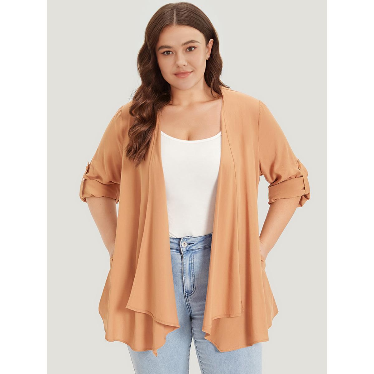 Plus Size Supersoft Essentials Plain Pocket Button Asymmetrical Hem Kimono Women Tan Casual Asymmetrical Pocket Dailywear Kimonos BloomChic 14-16/1X Product Image