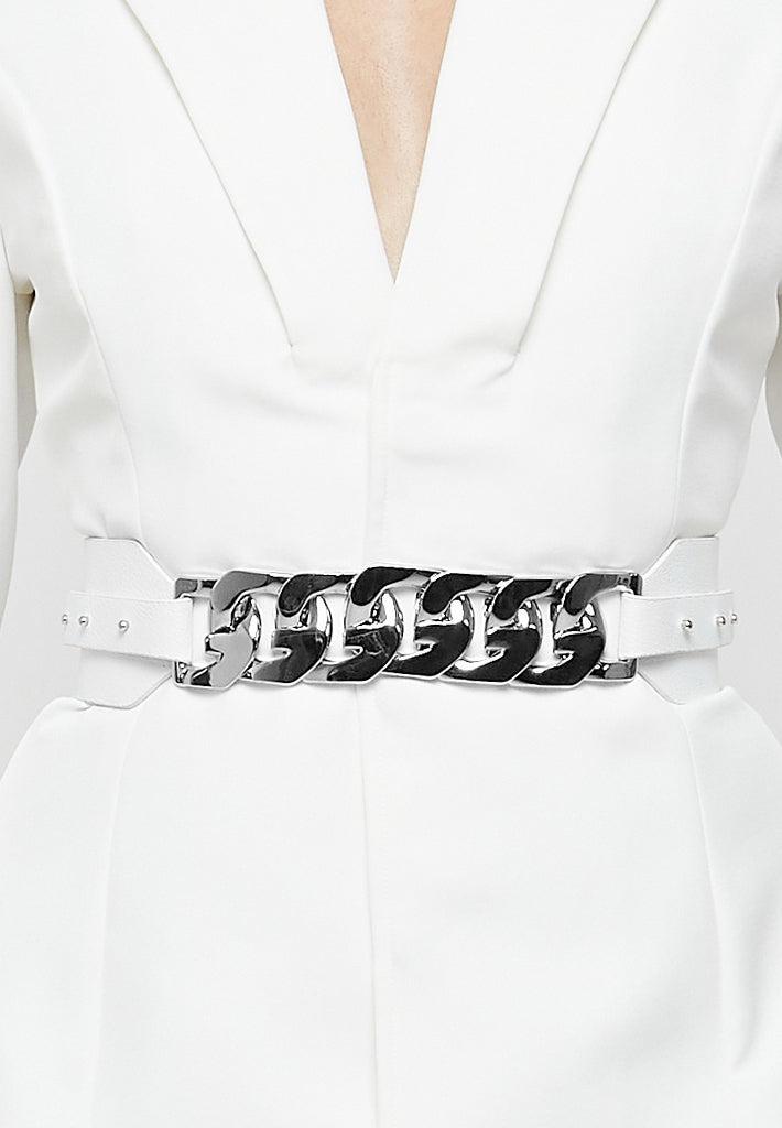 Chain Belted Blazer Dress - White Female Product Image