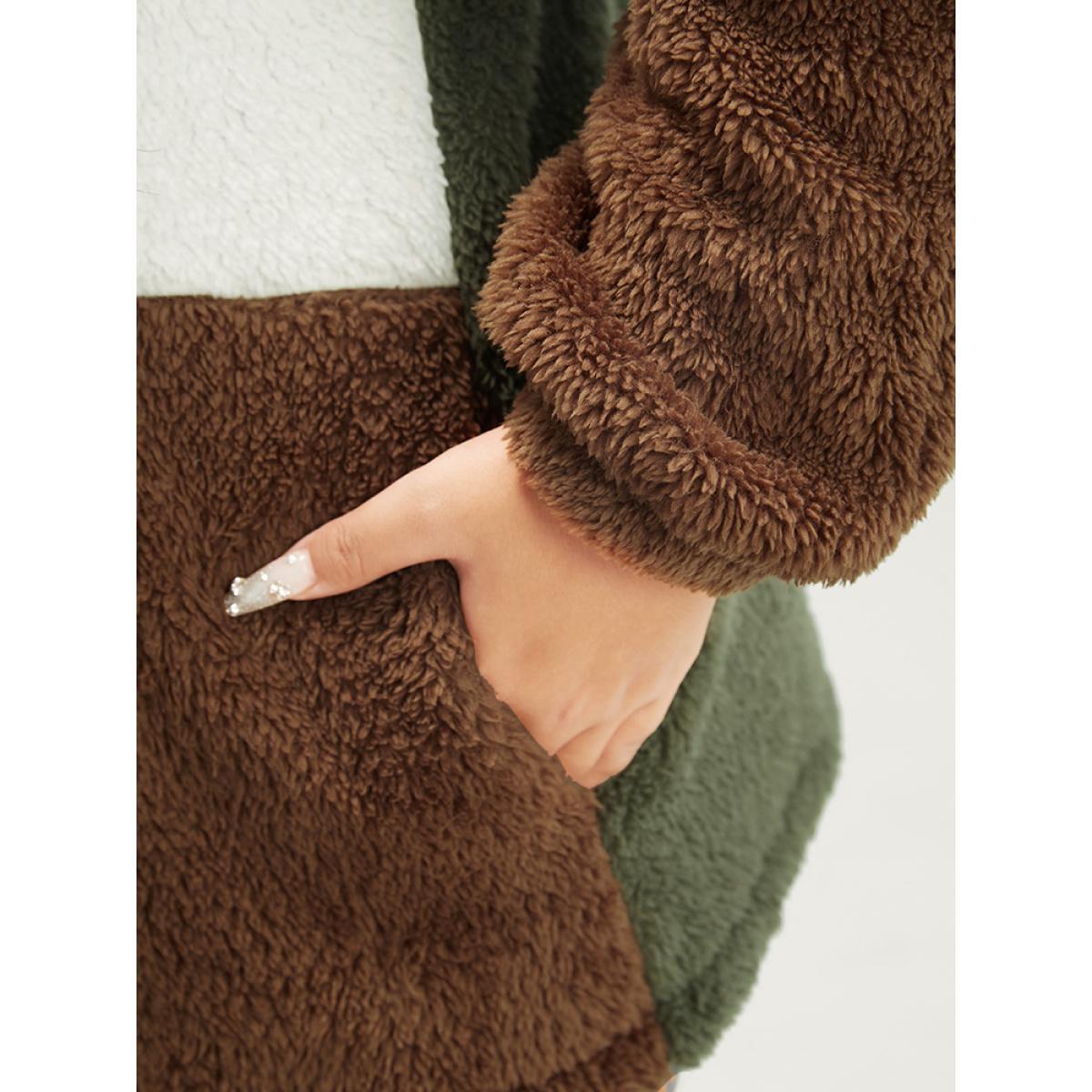 Plus Size Colorblock Contrast Pocket Zip Up Coat Women ArmyGreen Casual Contrast Ladies Dailywear Winter Coats BloomChic 14-16/1X Product Image