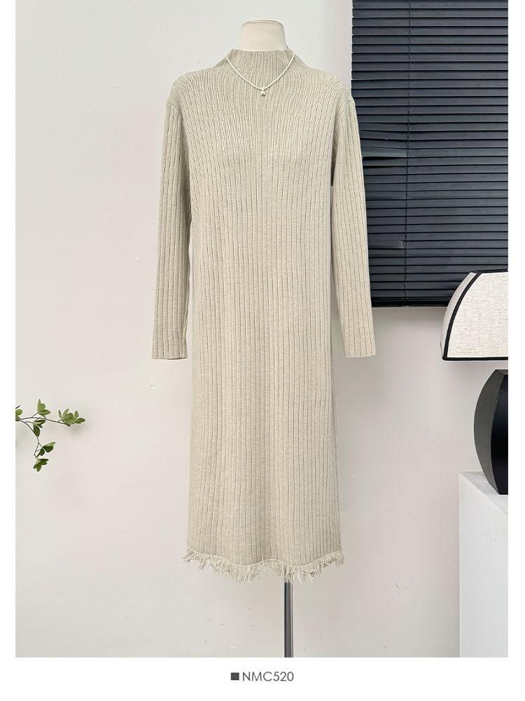 Fringed-Hem Mock-Neck Ribbed-Knit Midi Dress Product Image
