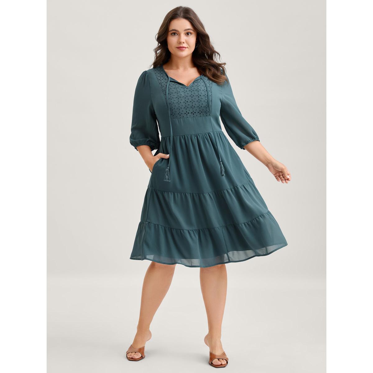 Plus Size Texture Tiered Tassel Solid Midi Dress Cyan Women Tie knot Flat collar Long Sleeve Curvy BloomChic 30/6X Product Image